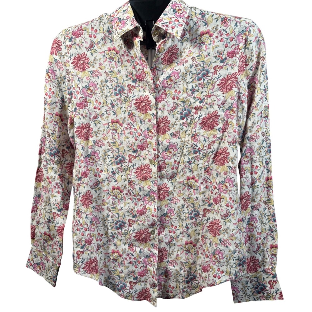 Linen Lawn Floral Cotton Linen Blend Button Front‎ Long Sleeve Shirt Size 10